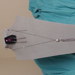 Paparazzi Silver pendant with faux pearls and dangly chains. Matching earrings